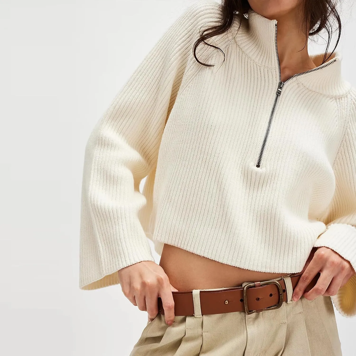 Womens Turtleneck Cropped Sweater Half Zipper Pullover Knit Oversized Sweater Fall Y2k Outfits