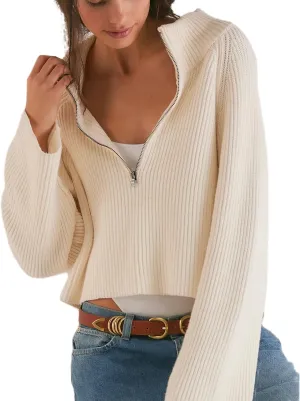 Womens Turtleneck Cropped Sweater Half Zipper Pullover Knit Oversized Sweater Fall Y2k Outfits