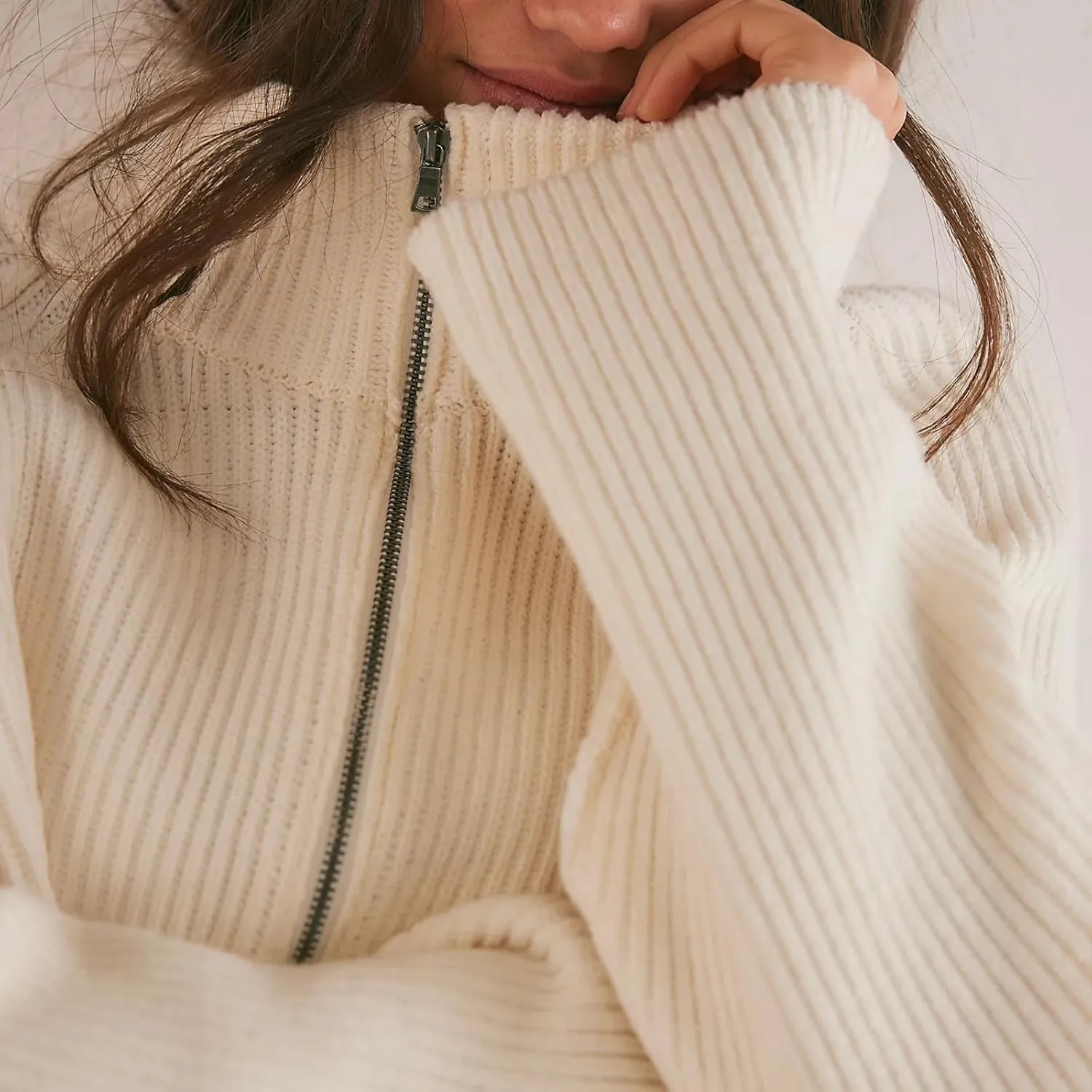 Womens Turtleneck Cropped Sweater Half Zipper Pullover Knit Oversized Sweater Fall Y2k Outfits