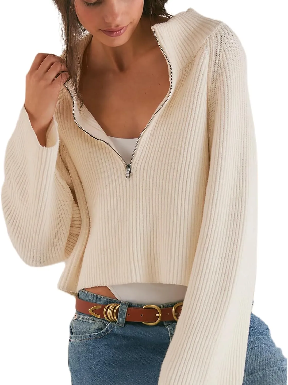 Womens Turtleneck Cropped Sweater Half Zipper Pullover Knit Oversized Sweater Fall Y2k Outfits