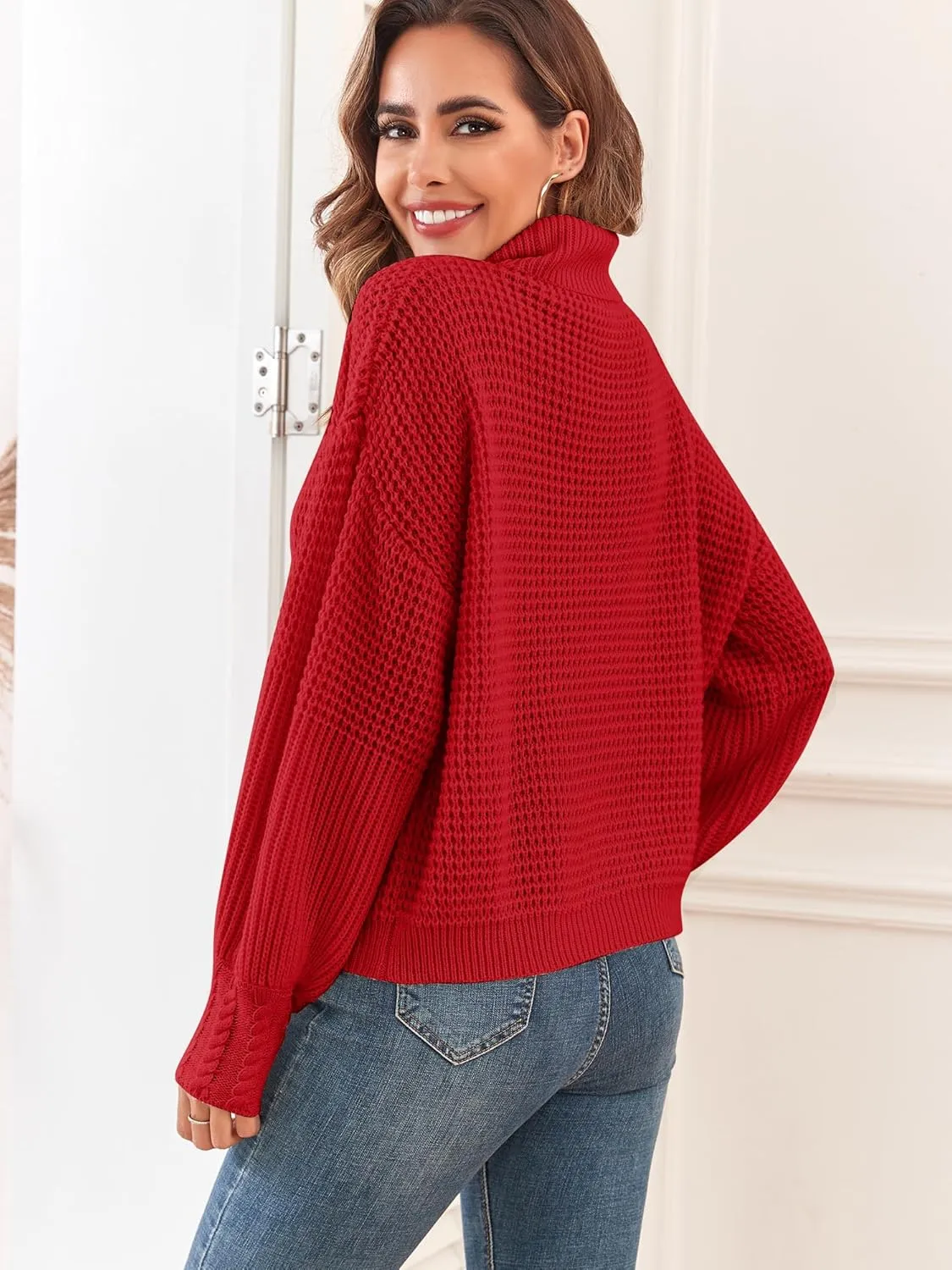 Women's Turtleneck Long Lantern Sleeve Sweater Waffle Knit Oversized Pullover Jumper Top