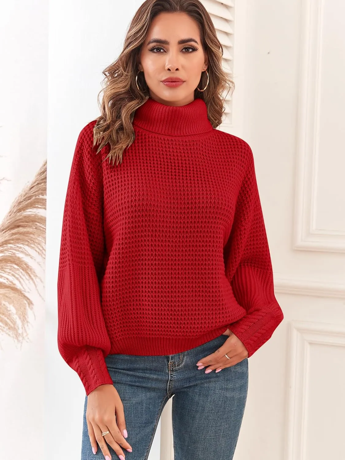 Women's Turtleneck Long Lantern Sleeve Sweater Waffle Knit Oversized Pullover Jumper Top