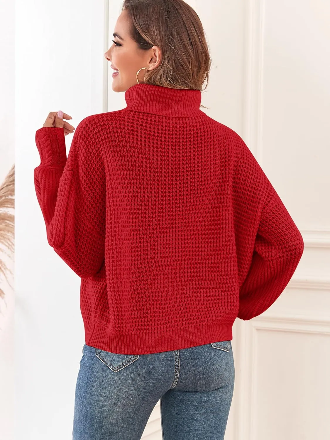 Women's Turtleneck Long Lantern Sleeve Sweater Waffle Knit Oversized Pullover Jumper Top