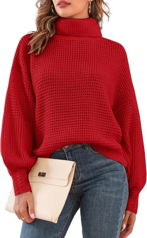 Women's Turtleneck Long Lantern Sleeve Sweater Waffle Knit Oversized Pullover Jumper Top