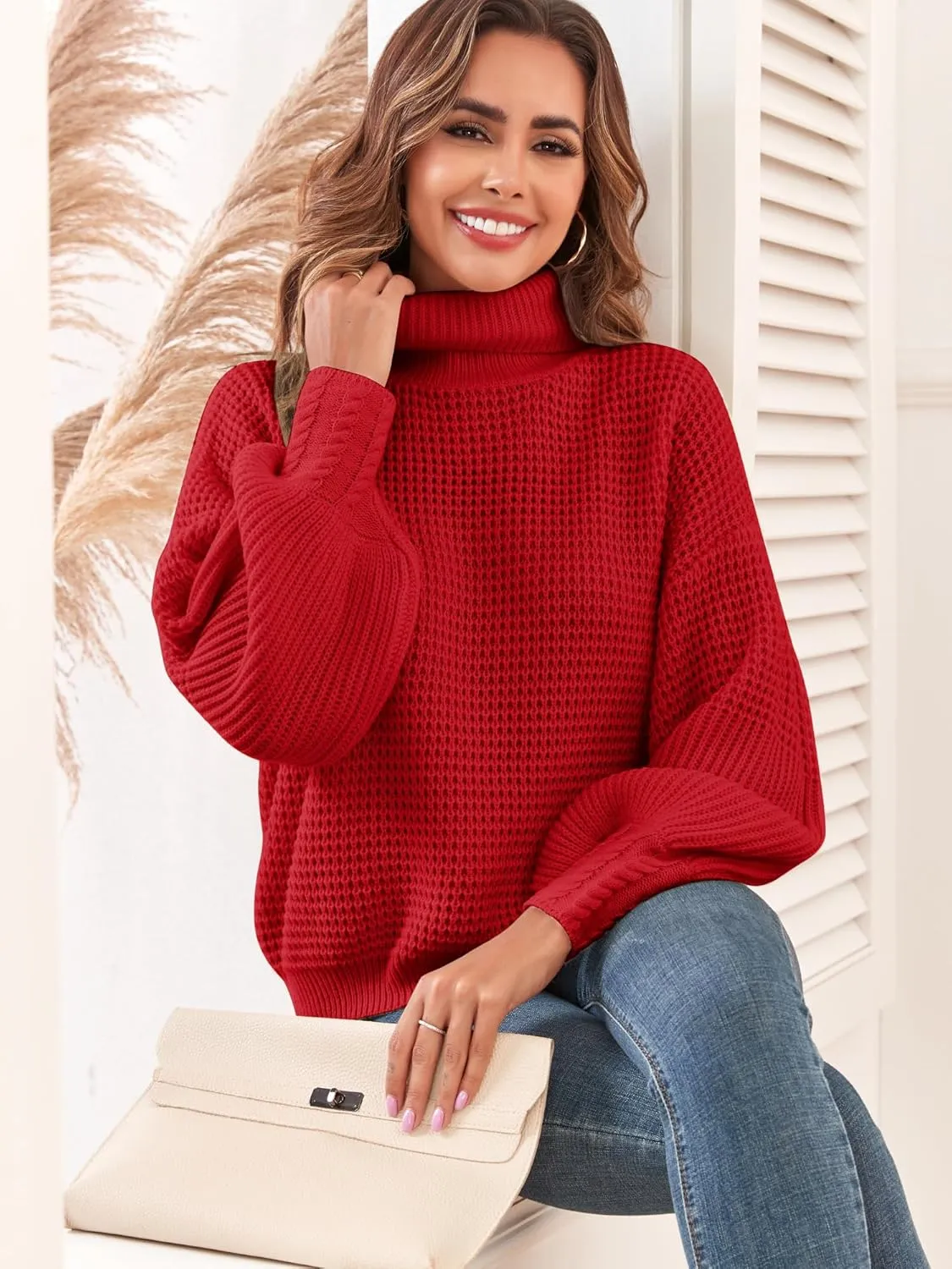 Women's Turtleneck Long Lantern Sleeve Sweater Waffle Knit Oversized Pullover Jumper Top