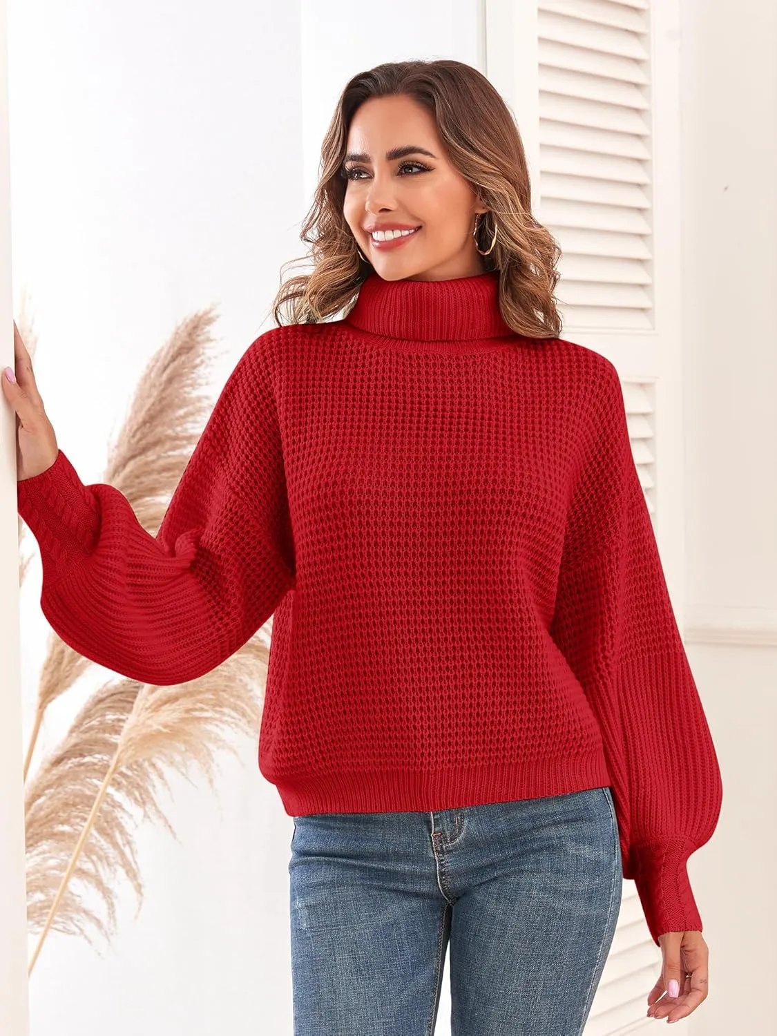 Women's Turtleneck Long Lantern Sleeve Sweater Waffle Knit Oversized Pullover Jumper Top