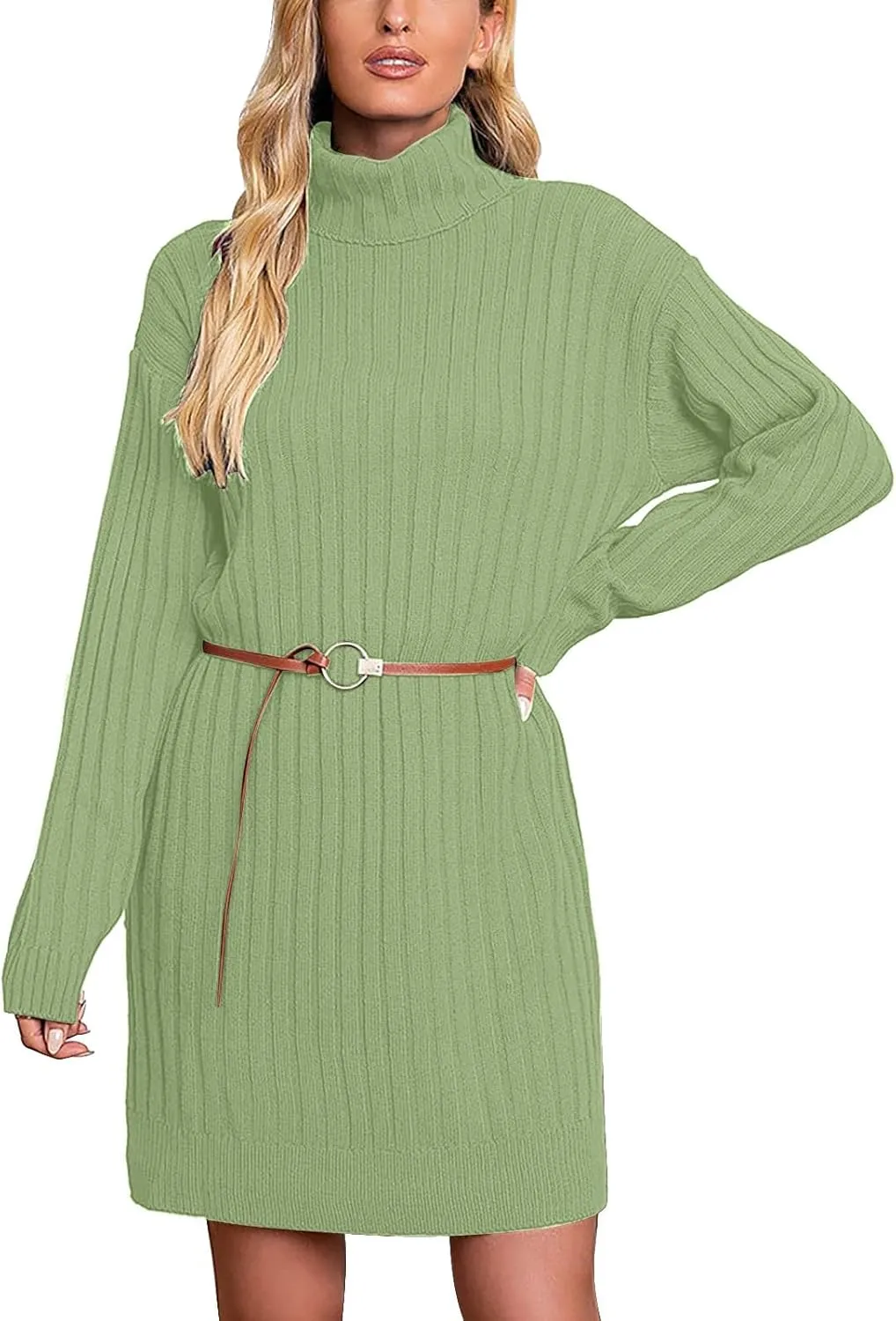 Womens Turtleneck Tunic Sweater Oversized Chunky Knit Jumper Tops Lantern Sleeve Sweater Dress Loose Casual Pullover Dresses