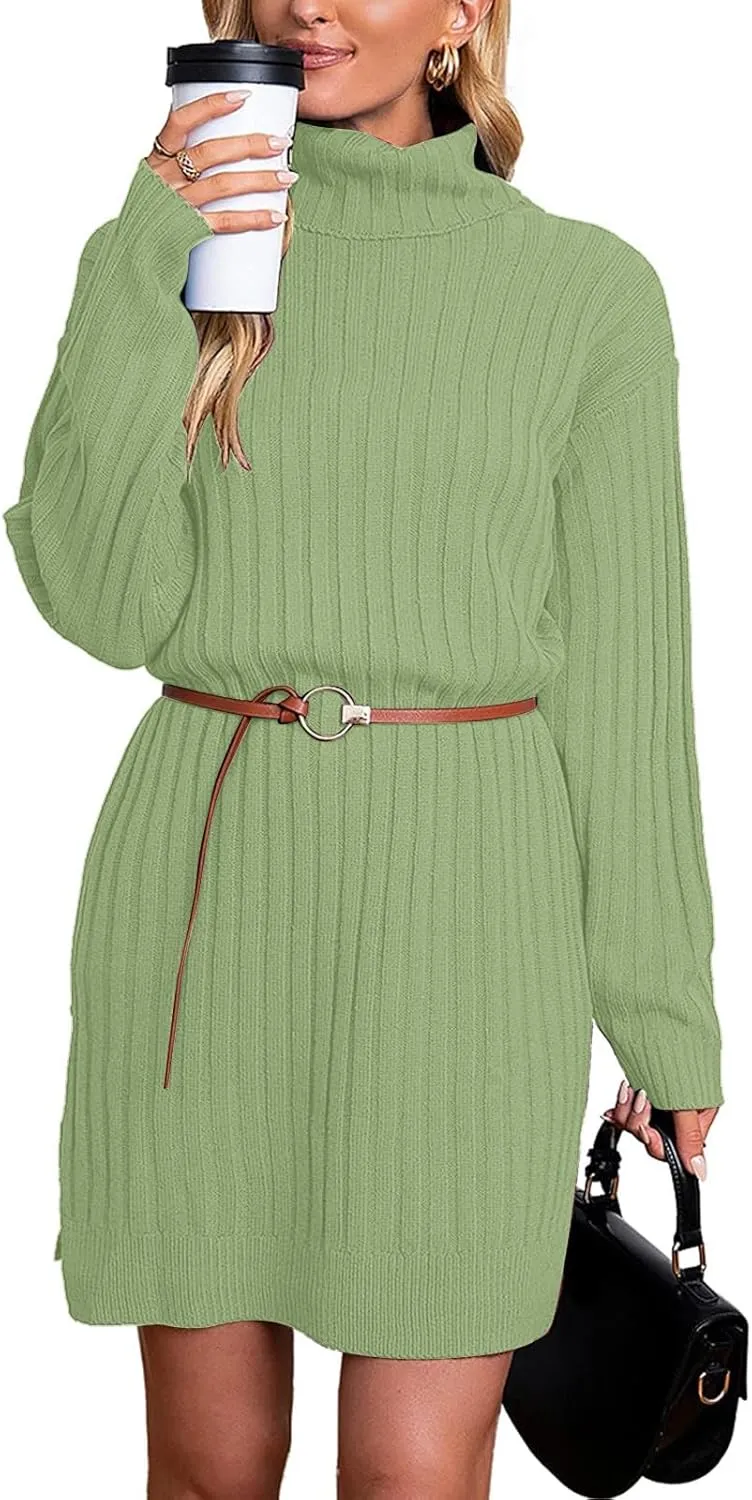 Womens Turtleneck Tunic Sweater Oversized Chunky Knit Jumper Tops Lantern Sleeve Sweater Dress Loose Casual Pullover Dresses