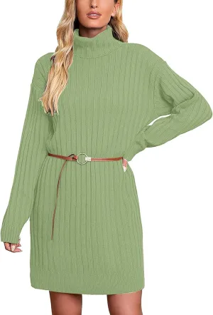 Womens Turtleneck Tunic Sweater Oversized Chunky Knit Jumper Tops Lantern Sleeve Sweater Dress Loose Casual Pullover Dresses