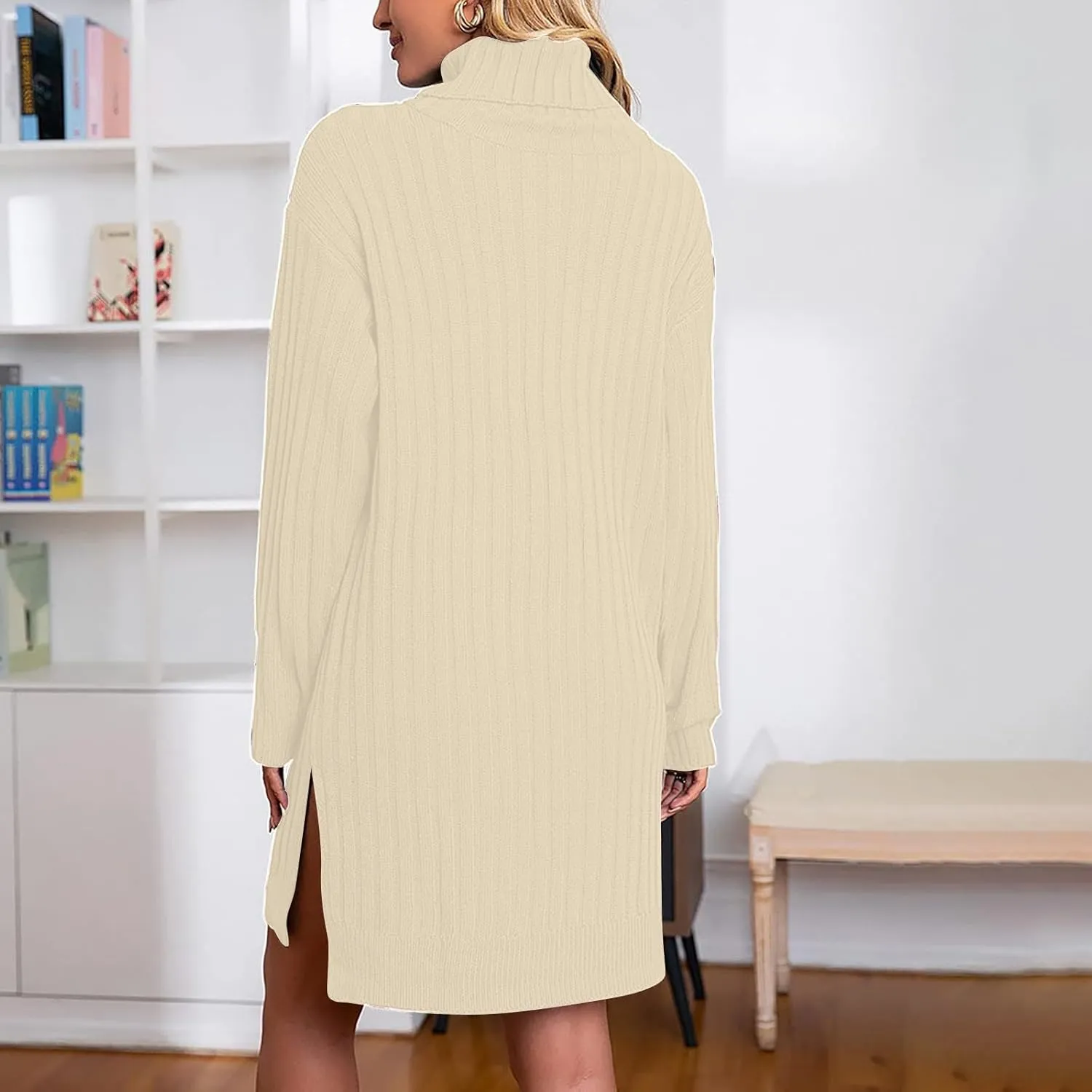 Womens Turtleneck Tunic Sweater Oversized Chunky Knit Jumper Tops Lantern Sleeve Sweater Dress Loose Casual Pullover Dresses