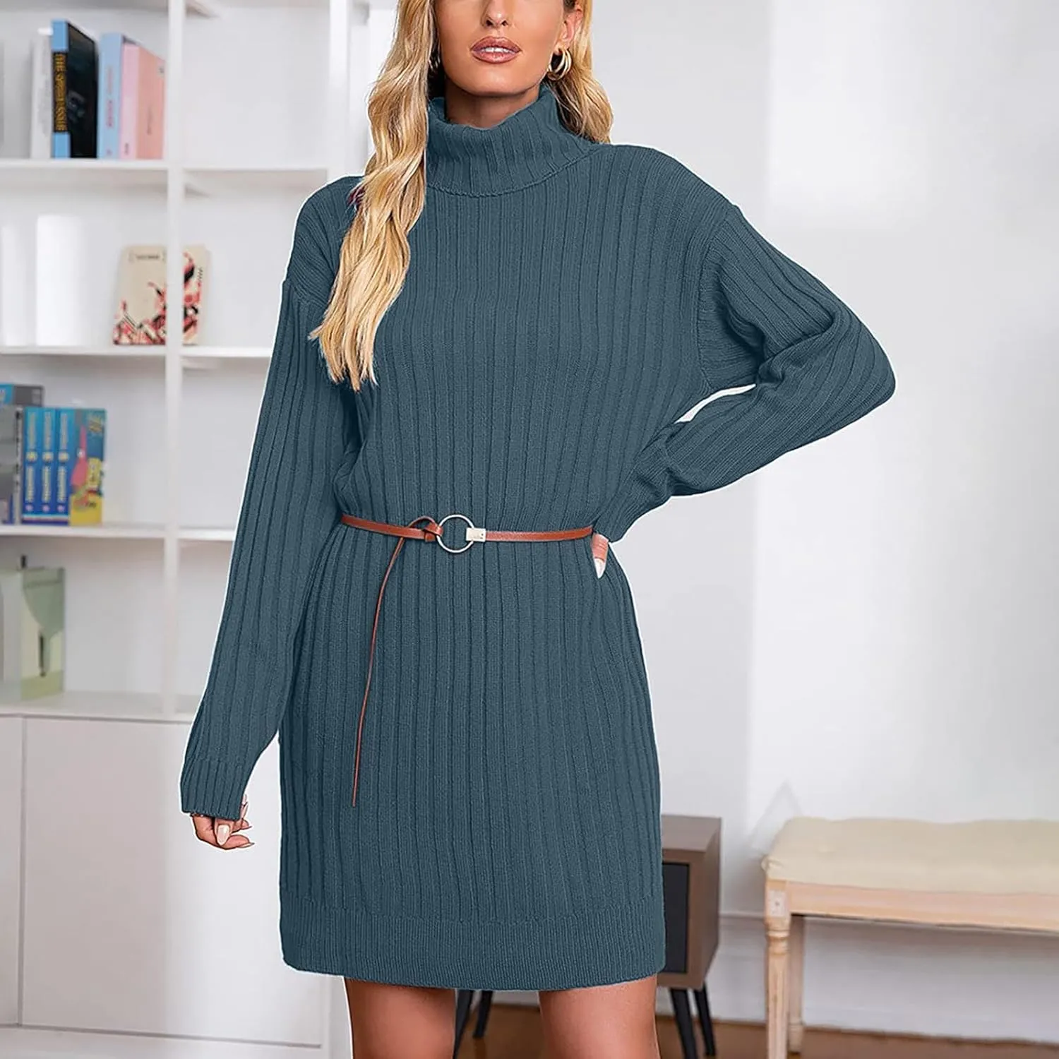 Womens Turtleneck Tunic Sweater Oversized Chunky Knit Jumper Tops Lantern Sleeve Sweater Dress Loose Casual Pullover Dresses
