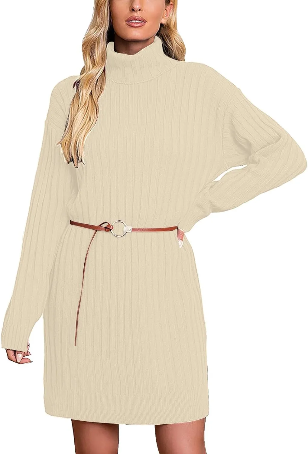 Womens Turtleneck Tunic Sweater Oversized Chunky Knit Jumper Tops Lantern Sleeve Sweater Dress Loose Casual Pullover Dresses