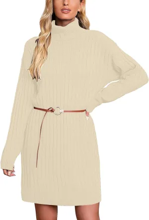 Womens Turtleneck Tunic Sweater Oversized Chunky Knit Jumper Tops Lantern Sleeve Sweater Dress Loose Casual Pullover Dresses