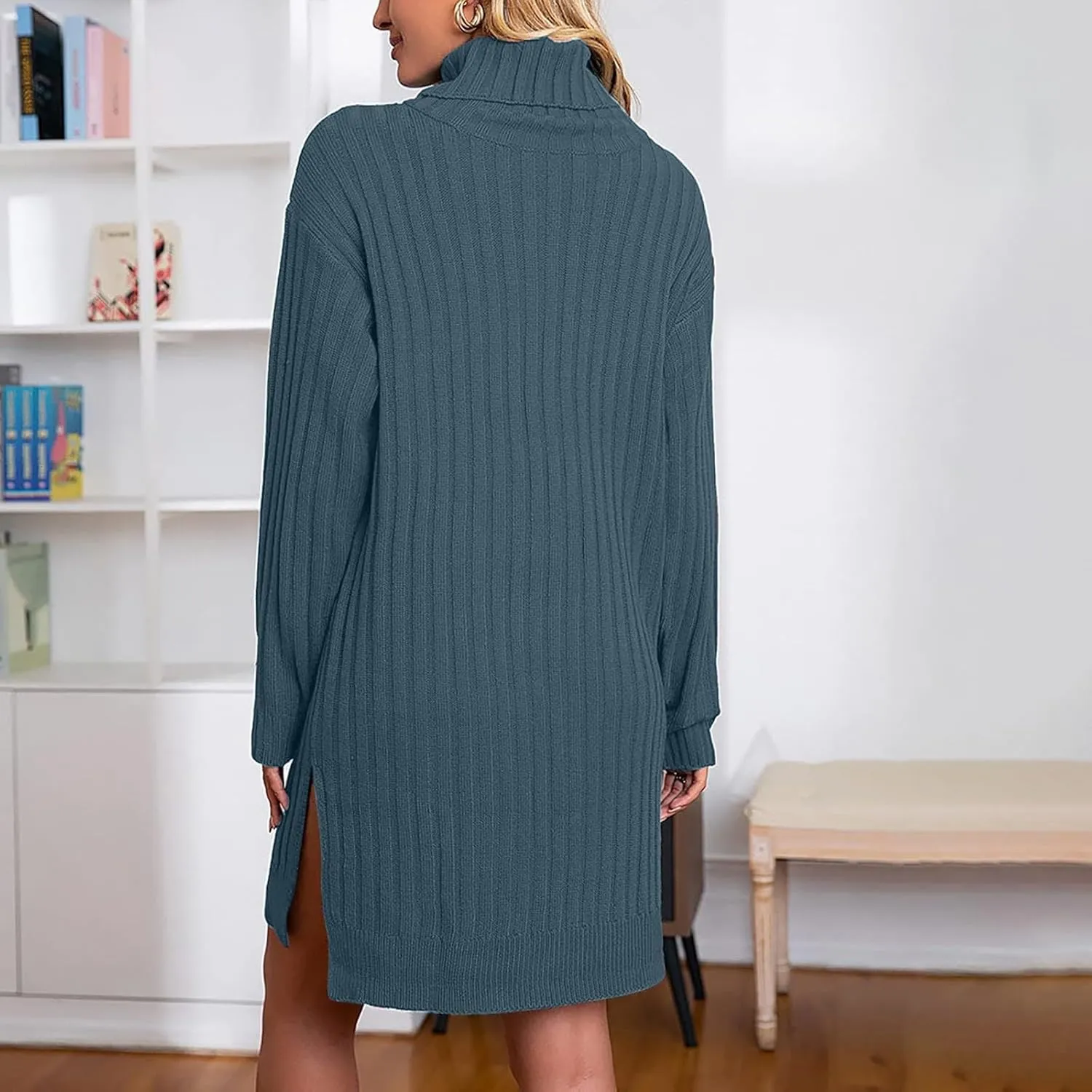 Womens Turtleneck Tunic Sweater Oversized Chunky Knit Jumper Tops Lantern Sleeve Sweater Dress Loose Casual Pullover Dresses