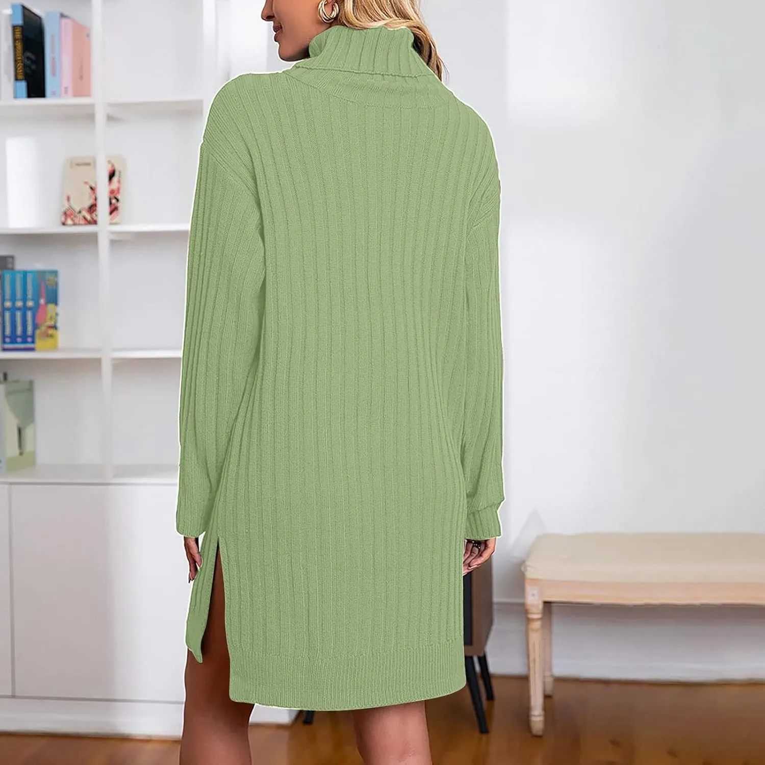 Womens Turtleneck Tunic Sweater Oversized Chunky Knit Jumper Tops Lantern Sleeve Sweater Dress Loose Casual Pullover Dresses