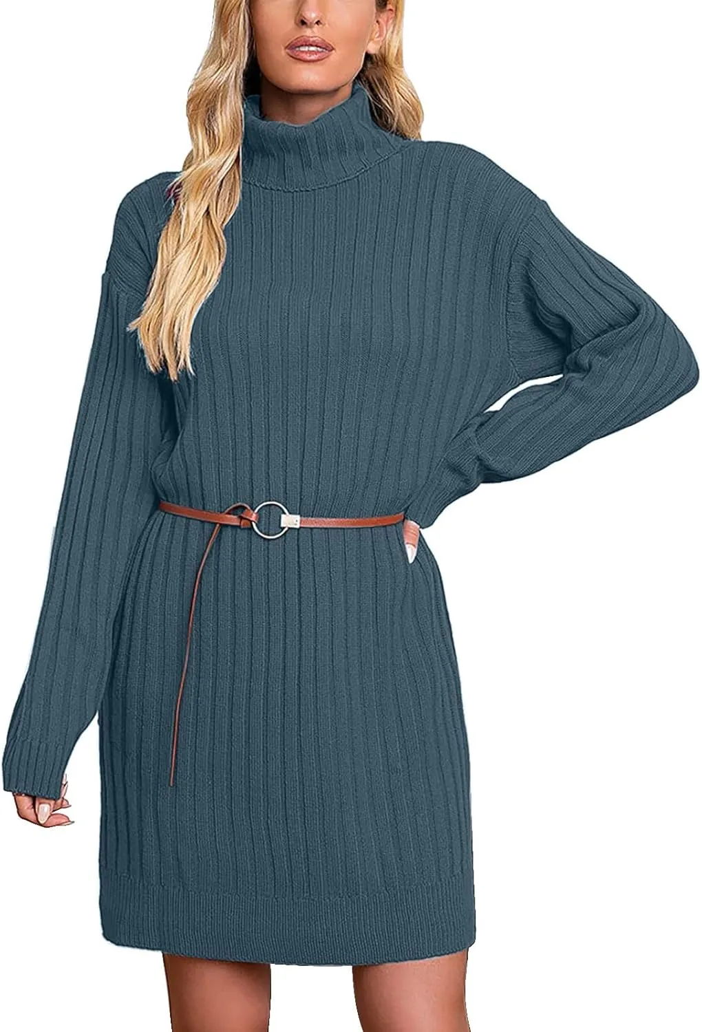 Womens Turtleneck Tunic Sweater Oversized Chunky Knit Jumper Tops Lantern Sleeve Sweater Dress Loose Casual Pullover Dresses
