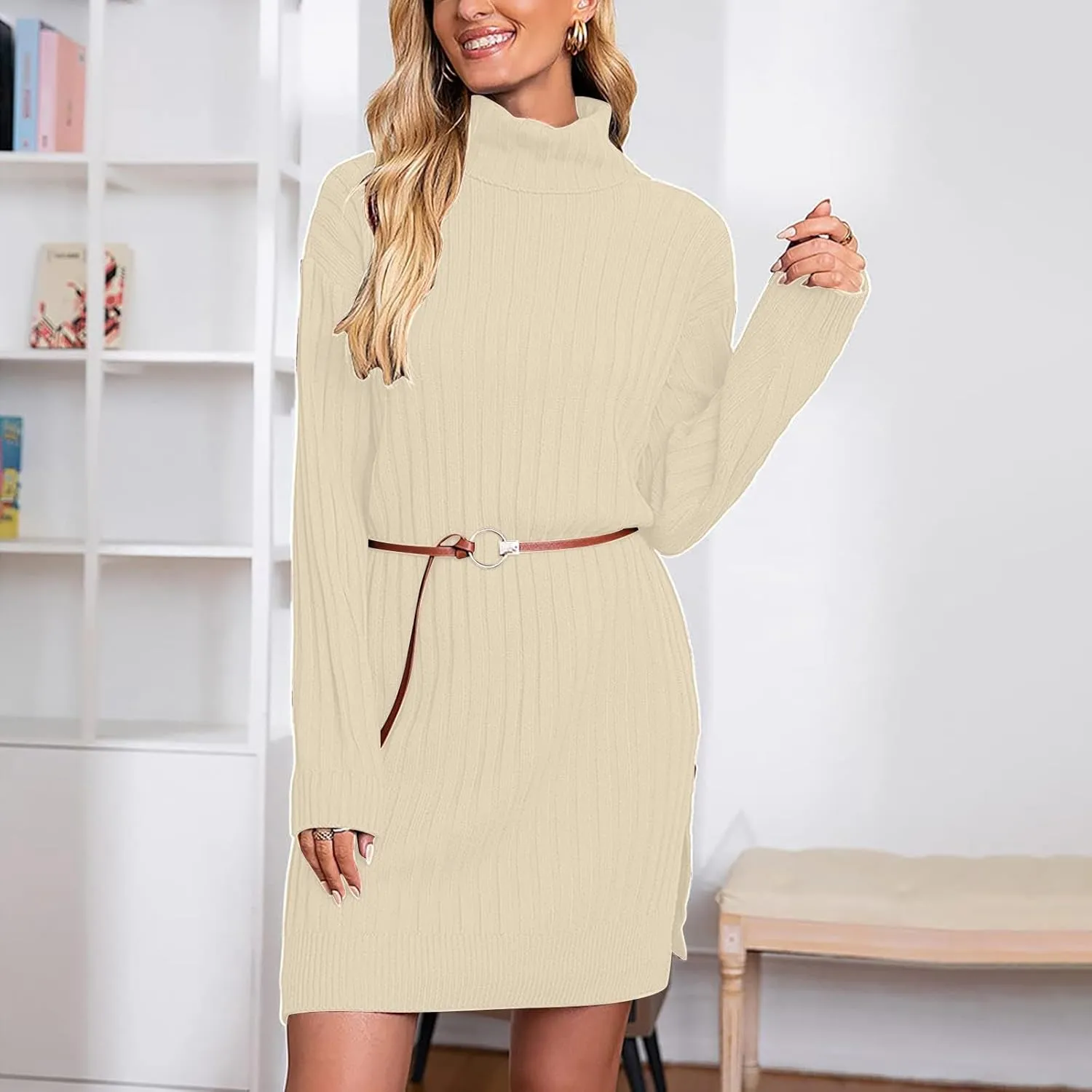 Womens Turtleneck Tunic Sweater Oversized Chunky Knit Jumper Tops Lantern Sleeve Sweater Dress Loose Casual Pullover Dresses
