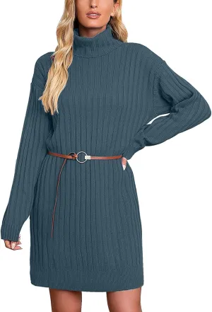 Womens Turtleneck Tunic Sweater Oversized Chunky Knit Jumper Tops Lantern Sleeve Sweater Dress Loose Casual Pullover Dresses