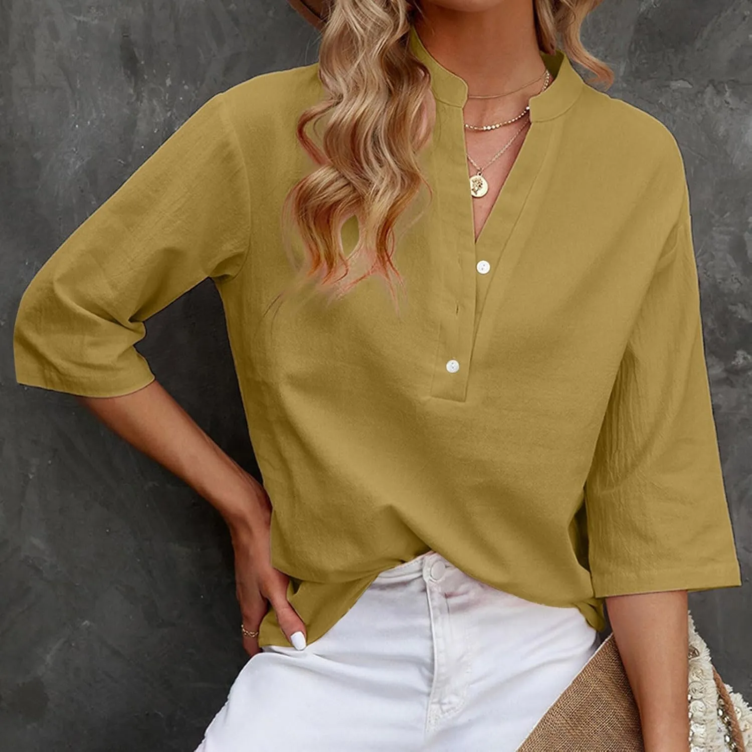Women's V-Neck Long Sleeve Loose Button Cotton And Linen T-shirt Blouse,2024 Fall&Winter Womens Trendy Tops