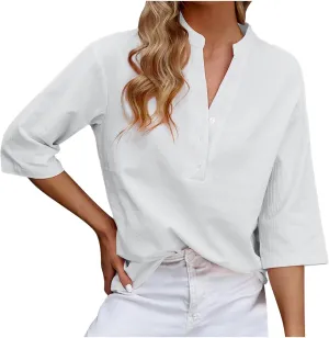 Women's V-Neck Long Sleeve Loose Button Cotton And Linen T-shirt Blouse,2024 Fall&Winter Womens Trendy Tops