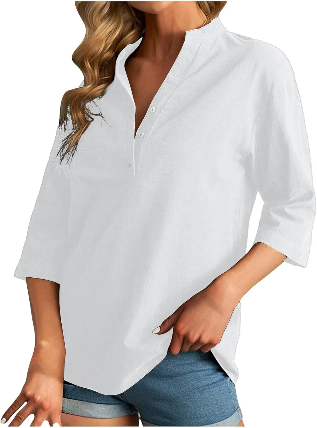 Women's V-Neck Long Sleeve Loose Button Cotton And Linen T-shirt Blouse,2024 Fall&Winter Womens Trendy Tops