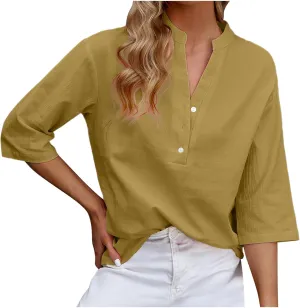 Women's V-Neck Long Sleeve Loose Button Cotton And Linen T-shirt Blouse,2024 Fall&Winter Womens Trendy Tops