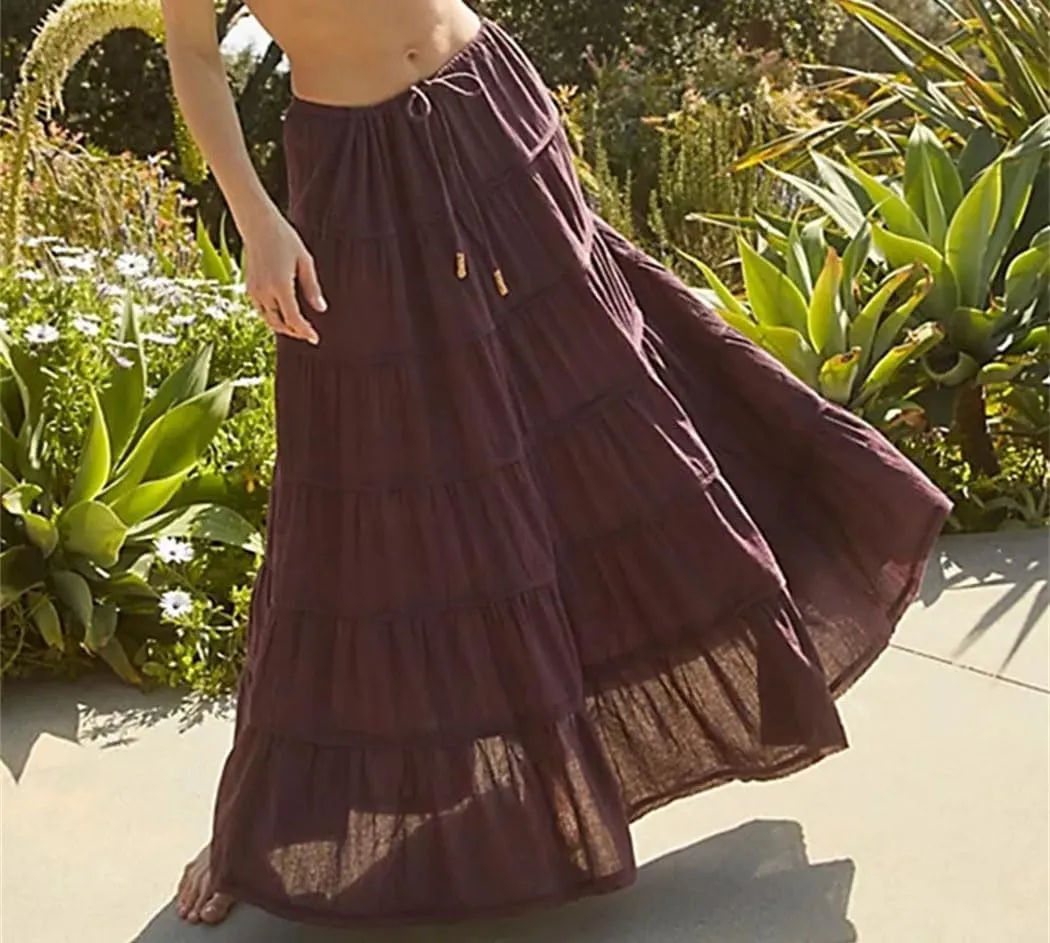 Womens Vintage Casual Pleated Skirt Harajuku Fashion High Waist Beach Party Long Skirt