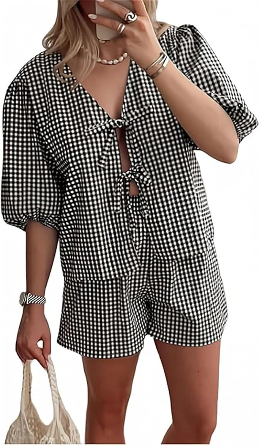 Women's Y2k Gingham Shorts Sets 2 Piece Outfits Summer Puff Sleeve Tie Front Tops Peplum Shirt Pajamas Sets 2025
