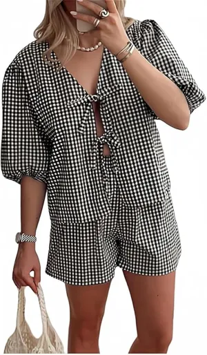 Women's Y2k Gingham Shorts Sets 2 Piece Outfits Summer Puff Sleeve Tie Front Tops Peplum Shirt Pajamas Sets 2025