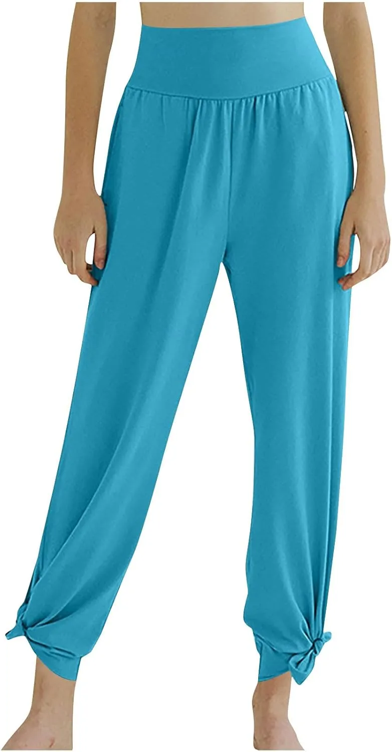 Womens Yoga Pants Workout Running Elastic High Waisted Stretch Wide Leg Joggers Side Split Tie Knot Hem Lounge Pants