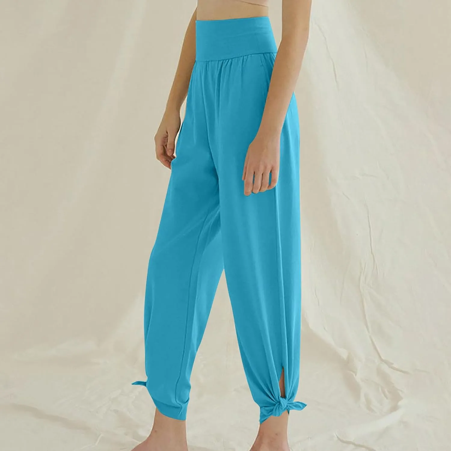 Womens Yoga Pants Workout Running Elastic High Waisted Stretch Wide Leg Joggers Side Split Tie Knot Hem Lounge Pants