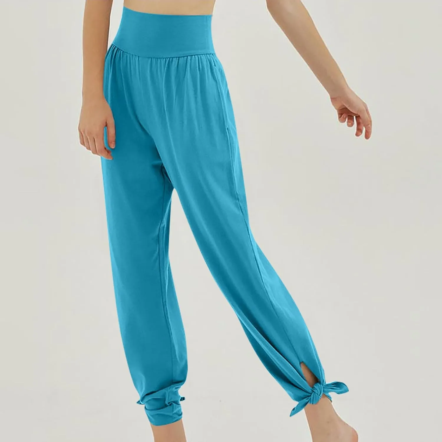 Womens Yoga Pants Workout Running Elastic High Waisted Stretch Wide Leg Joggers Side Split Tie Knot Hem Lounge Pants
