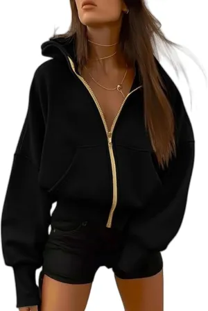 Women's Zip-Up Hooded Long Sleeve Cropped Sweatshirt Fleece Hooded Jacket Fall Outfits Casual Y2k Tops Winte with Pockets
