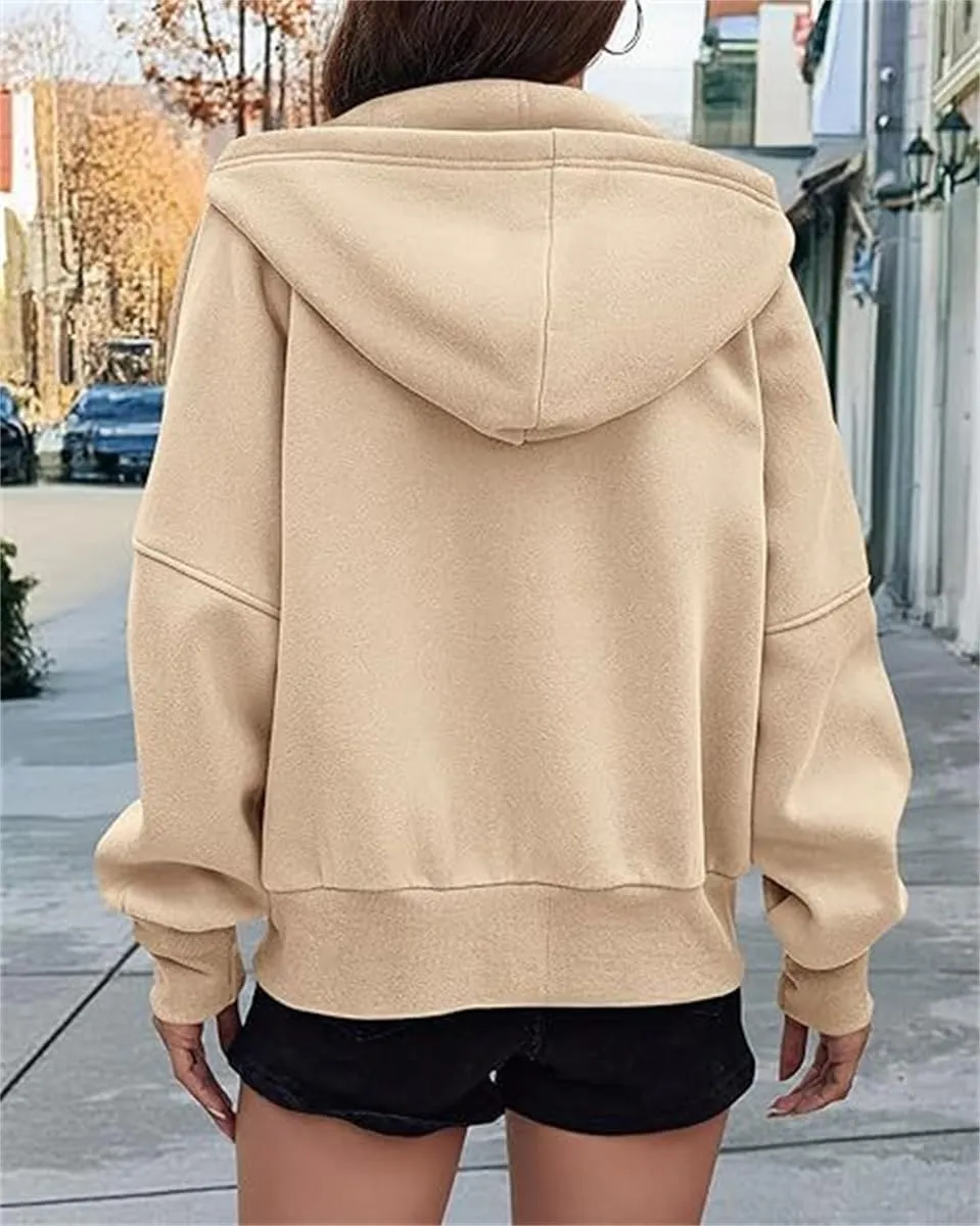 Women's Zip-Up Hooded Long Sleeve Cropped Sweatshirt Fleece Hooded Jacket Fall Outfits Casual Y2k Tops Winte with Pockets