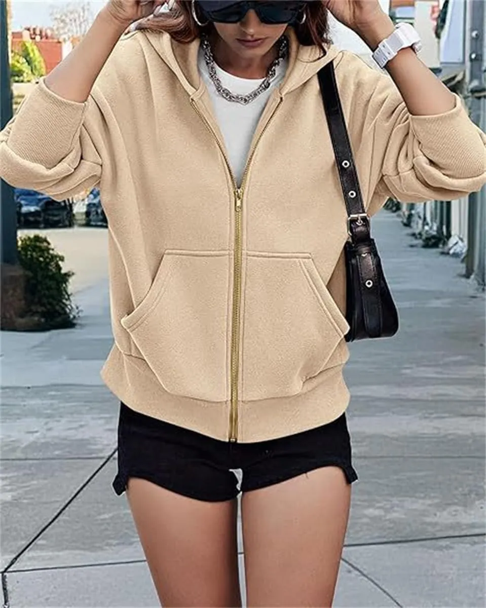 Women's Zip-Up Hooded Long Sleeve Cropped Sweatshirt Fleece Hooded Jacket Fall Outfits Casual Y2k Tops Winte with Pockets