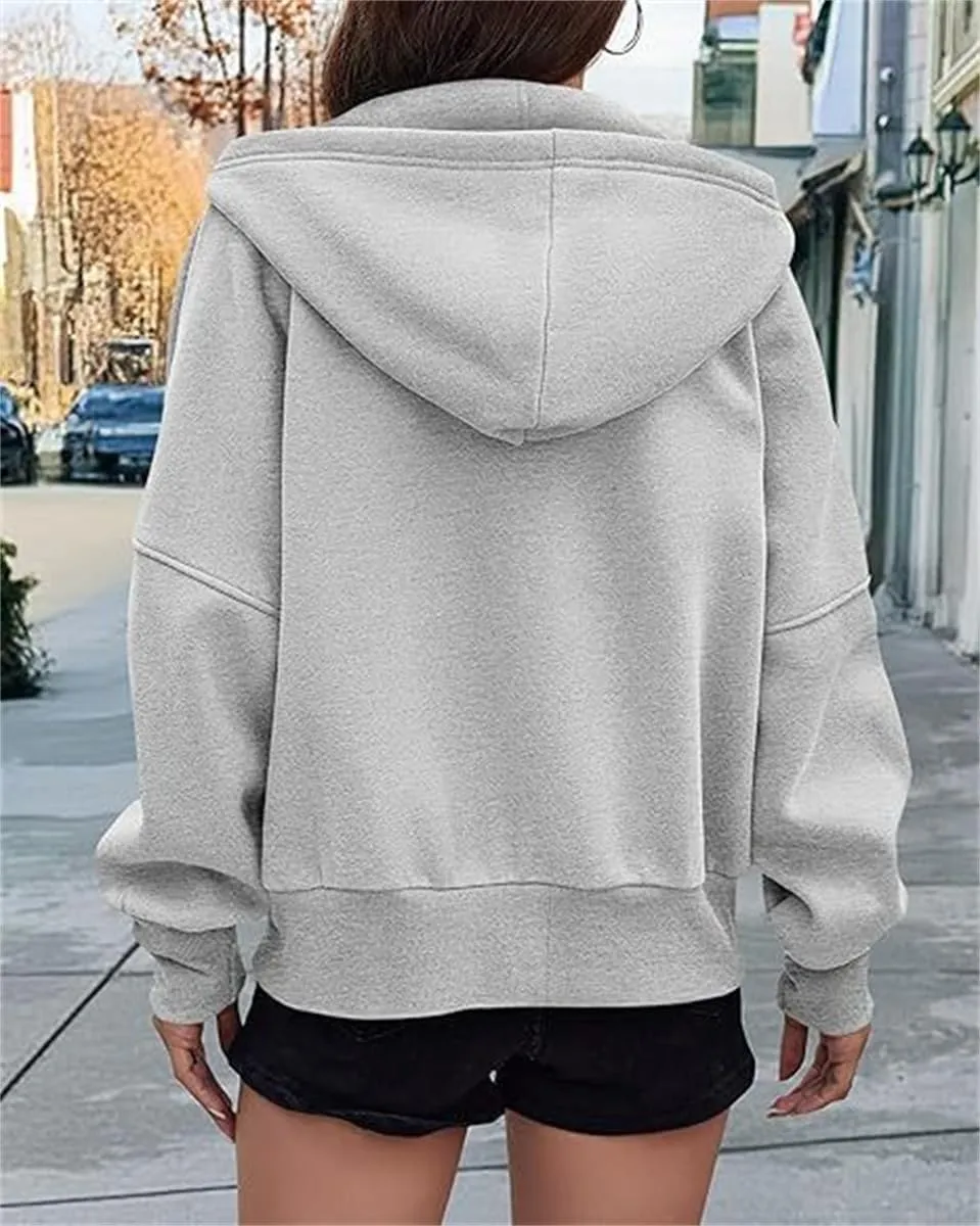 Women's Zip-Up Hooded Long Sleeve Cropped Sweatshirt Fleece Hooded Jacket Fall Outfits Casual Y2k Tops Winte with Pockets