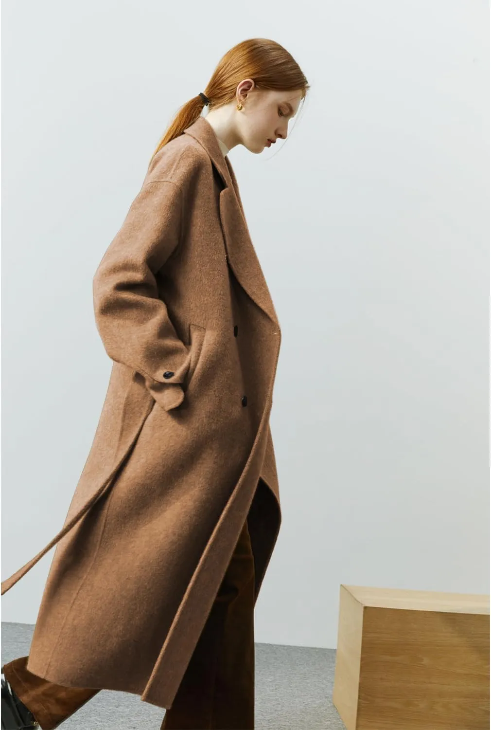 Wool Coats for Women Winter Lapel Double Breasted Wool Blend Long Pea Trench Coat Pocketed Outwear with Belt