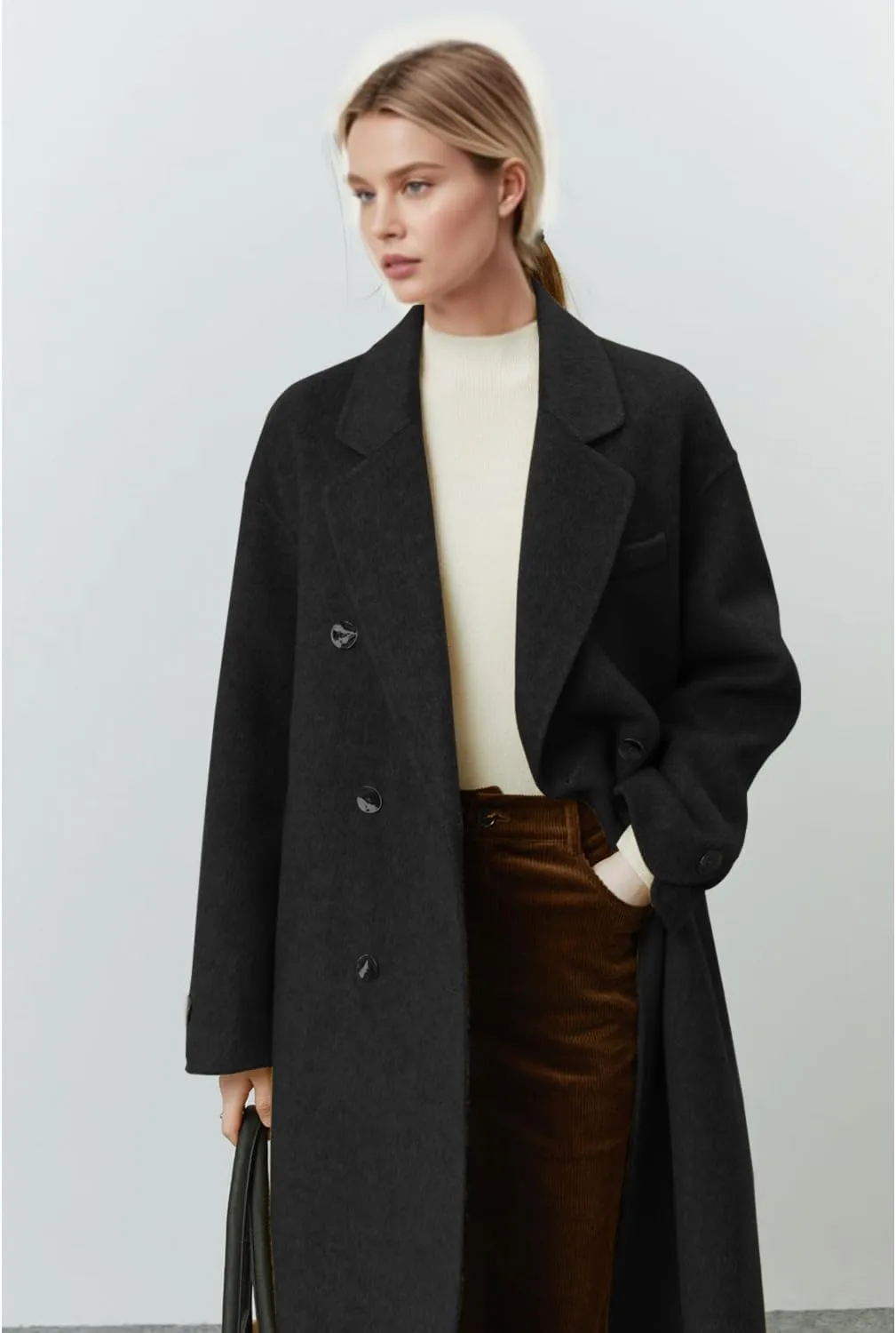 Wool Coats for Women Winter Lapel Double Breasted Wool Blend Long Pea Trench Coat Pocketed Outwear with Belt