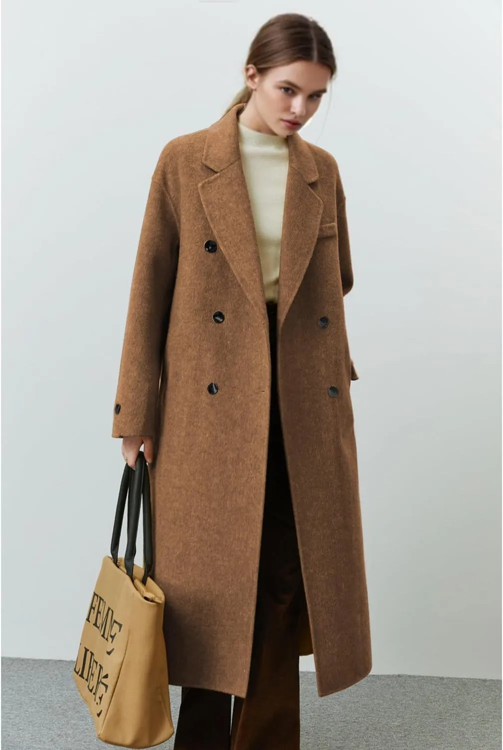 Wool Coats for Women Winter Lapel Double Breasted Wool Blend Long Pea Trench Coat Pocketed Outwear with Belt