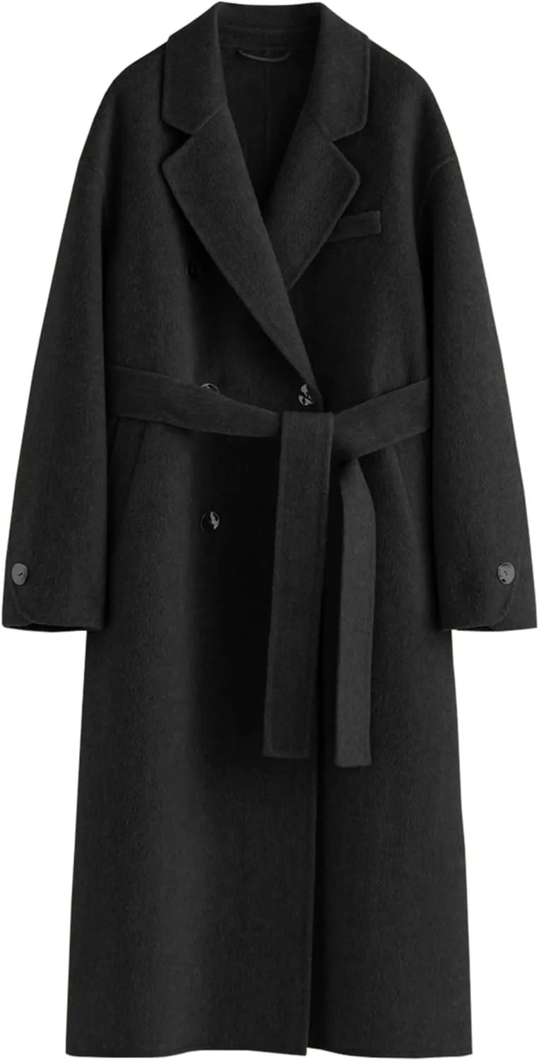 Wool Coats for Women Winter Lapel Double Breasted Wool Blend Long Pea Trench Coat Pocketed Outwear with Belt