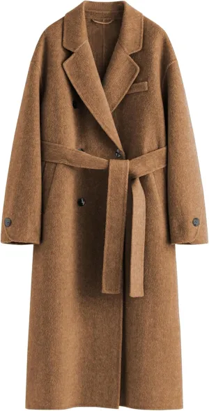 Wool Coats for Women Winter Lapel Double Breasted Wool Blend Long Pea Trench Coat Pocketed Outwear with Belt