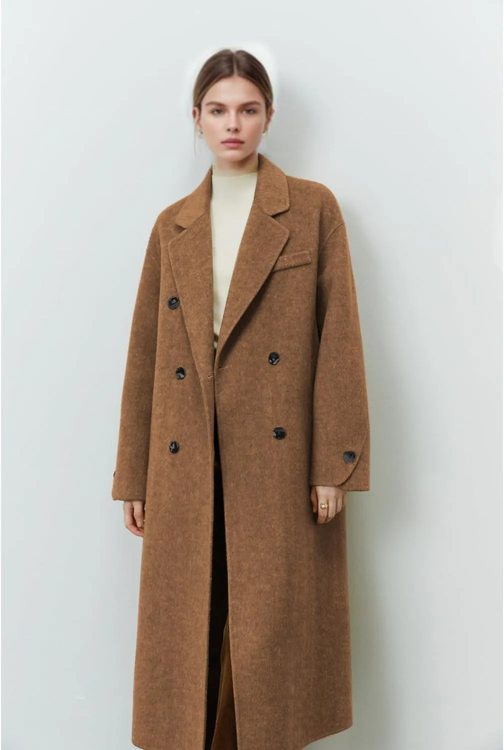 Wool Coats for Women Winter Lapel Double Breasted Wool Blend Long Pea Trench Coat Pocketed Outwear with Belt