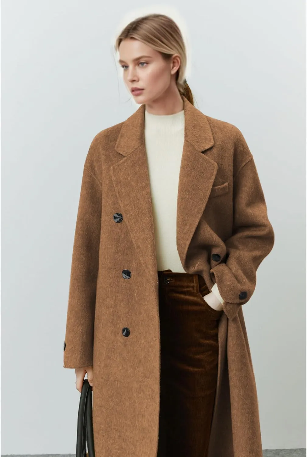 Wool Coats for Women Winter Lapel Double Breasted Wool Blend Long Pea Trench Coat Pocketed Outwear with Belt