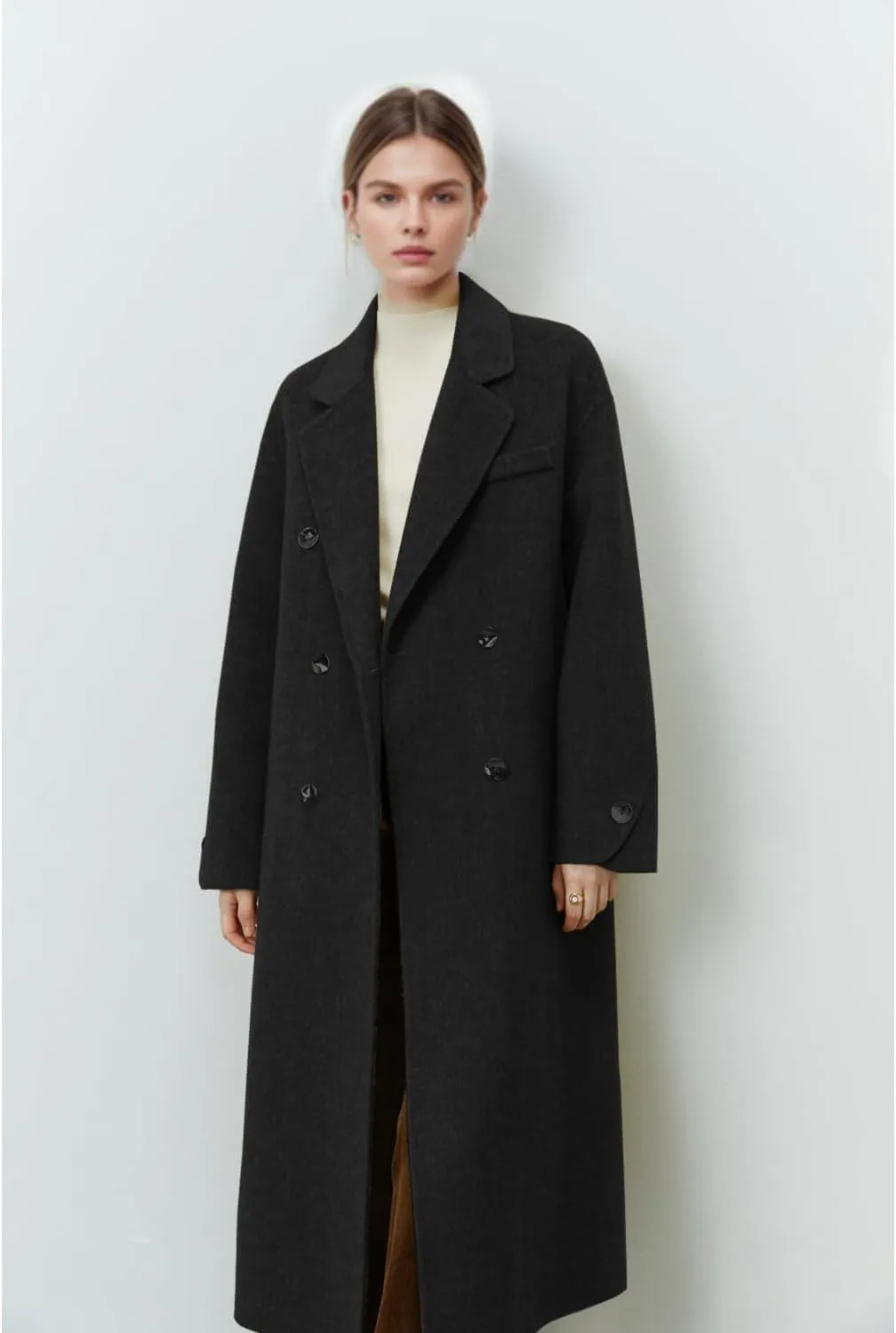 Wool Coats for Women Winter Lapel Double Breasted Wool Blend Long Pea Trench Coat Pocketed Outwear with Belt