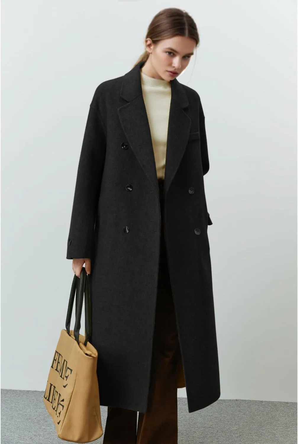 Wool Coats for Women Winter Lapel Double Breasted Wool Blend Long Pea Trench Coat Pocketed Outwear with Belt