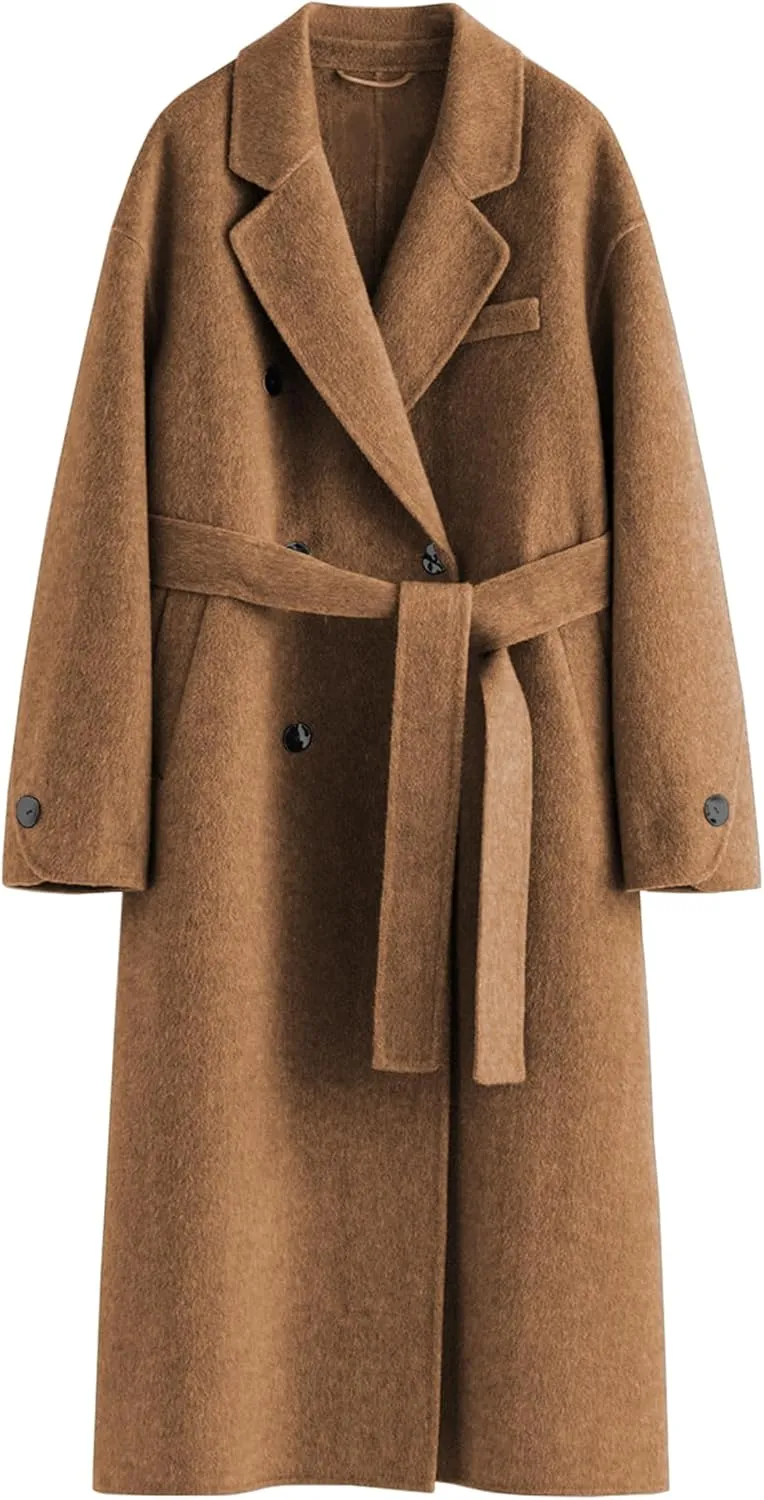 Wool Coats for Women Winter Lapel Double Breasted Wool Blend Long Pea Trench Coat Pocketed Outwear with Belt