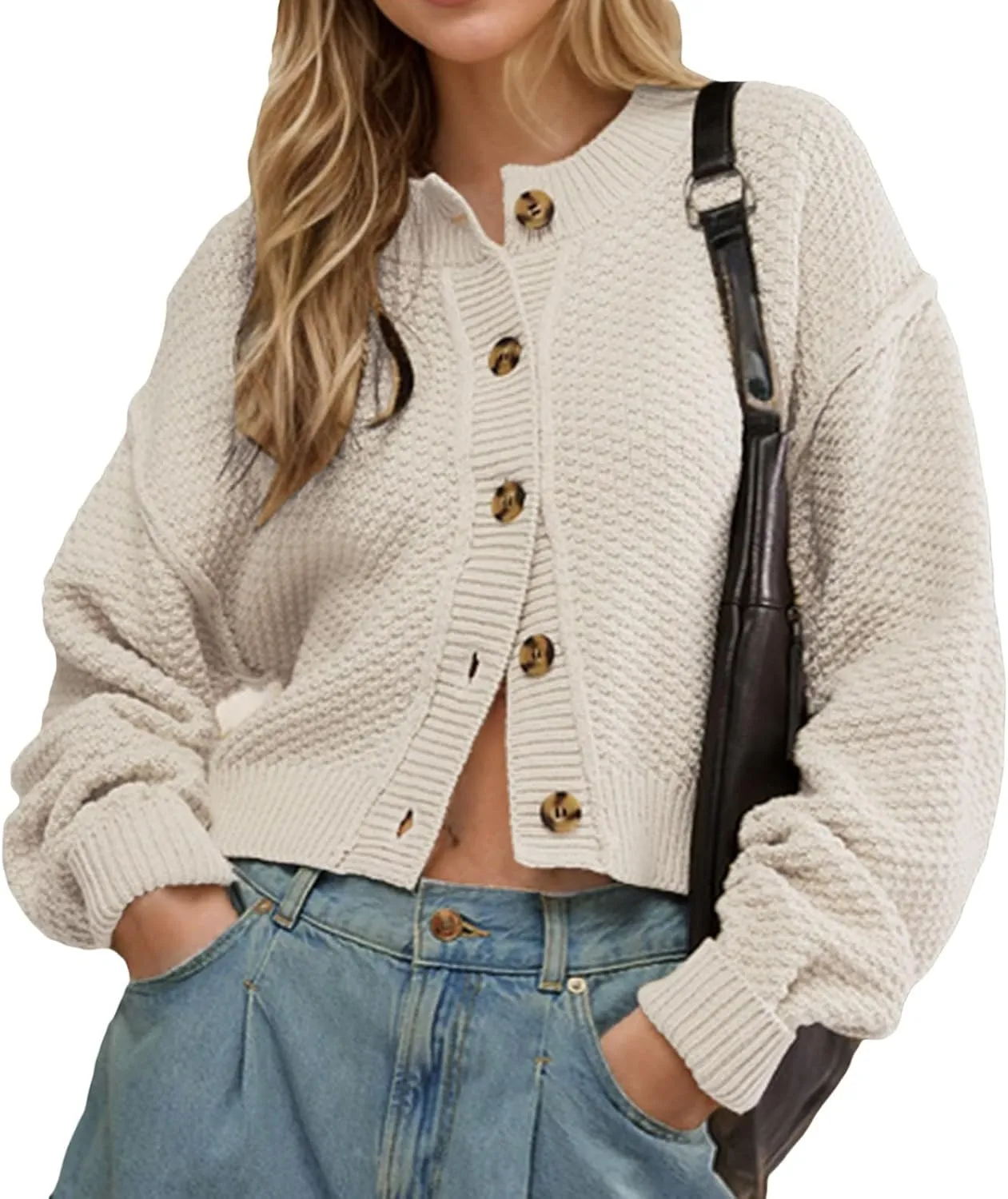 Wowcarbazole Womens Open Front Cardigan Sweaters Long Sleeve Button Down Knit Jackets Coat Cropped Cute Tops Fall Outerwear