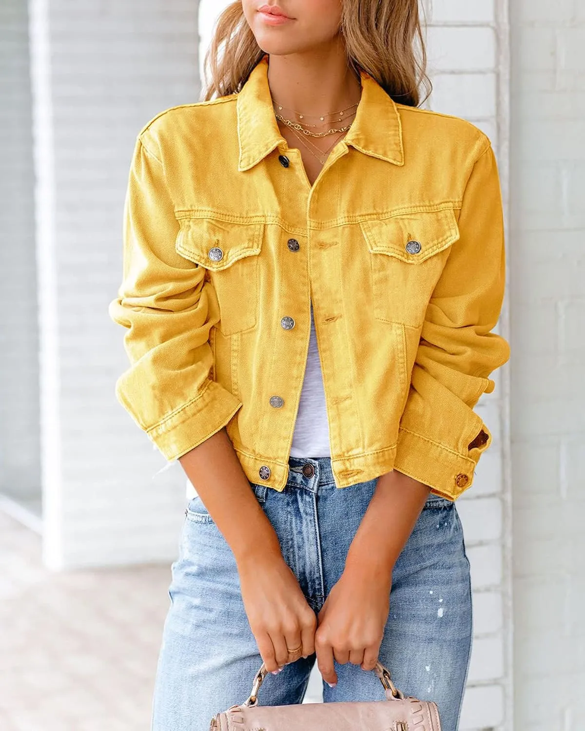 XBTCLXEBCO Vintage Denim Jacket for Women Long Sleeve Button Down Cropped Jean Coat Classic Distressed Denim Trucker Jacket