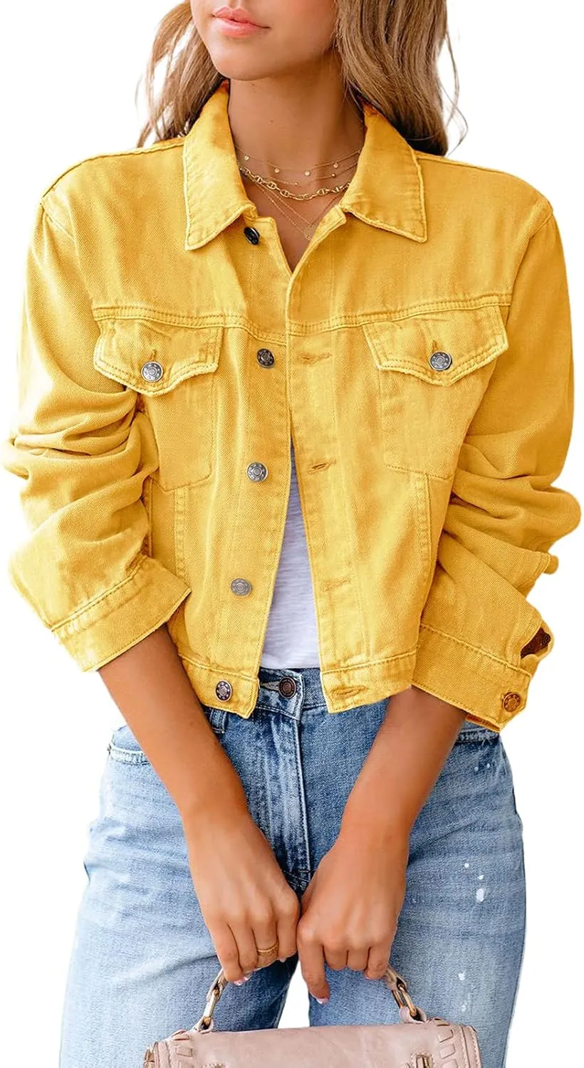 XBTCLXEBCO Vintage Denim Jacket for Women Long Sleeve Button Down Cropped Jean Coat Classic Distressed Denim Trucker Jacket