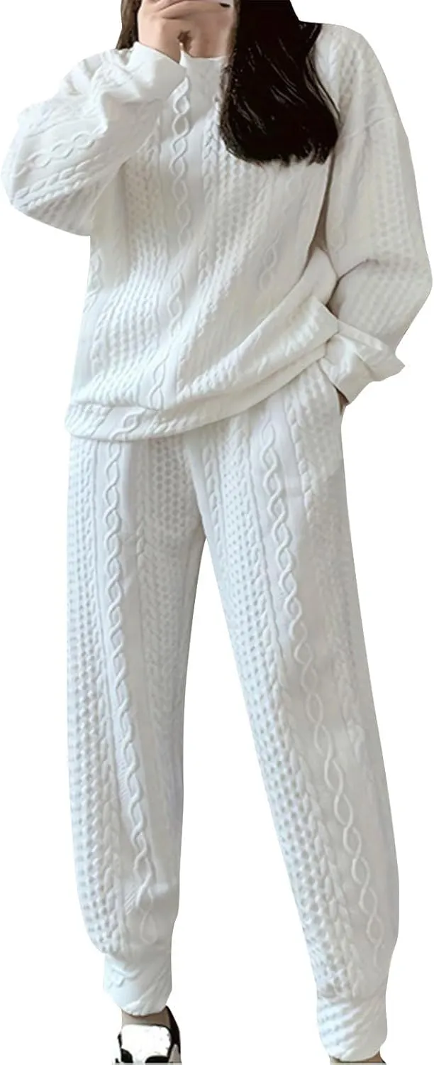 Xiaojmake Lounge Sets for Women Fall 2024 Matching Sets 2 Piece Knit Outfits Long Sleeve Textured Pullover Top Joggers Sets